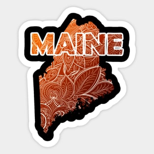 Colorful mandala art map of Maine with text in brown and orange Sticker